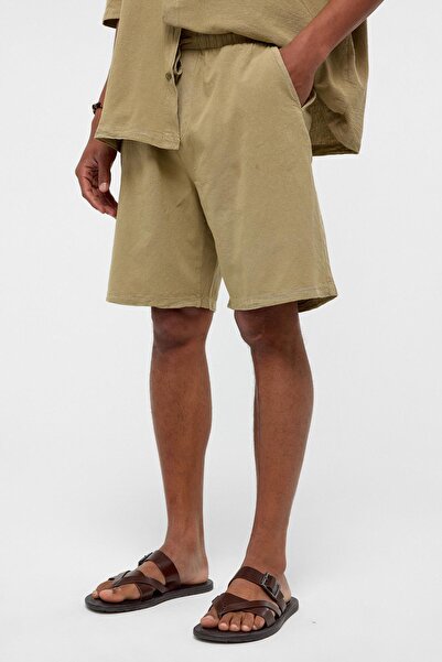 VAMOSCLO oversized Λινό σορτς ανοιχτόχρωμο χακί