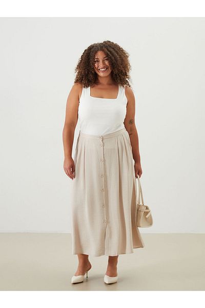 LC Waikiki Beige Textured Pleated Skirt with Elastic Waist