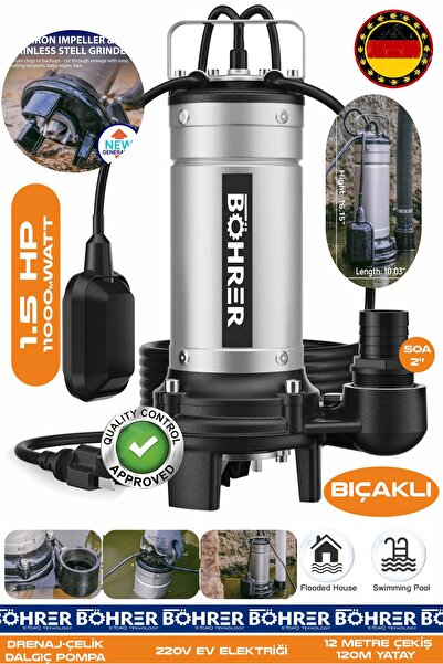 BÖHRER BIÇAKLI 1.1 Kw 1.5 HP 220V Demir Drenaj Logar Pis Su Parçalayıcılı Çelik Gövde Dalgıç Tahliye Pompas