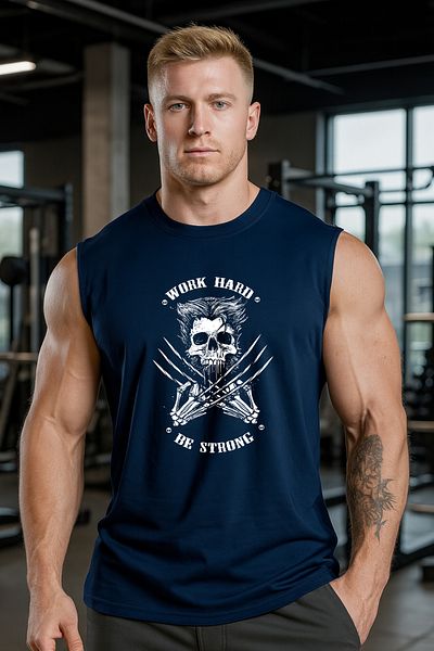 BESSA Men's Work Hard Printed Navy Blue Oversize Crew Neck Cotton Fabric Sleeveless T-Shirt Undershirt