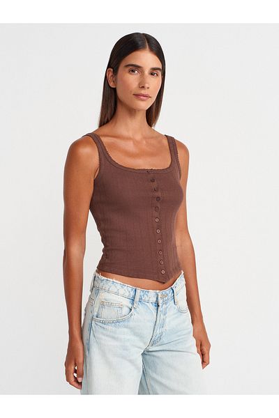 Dilvin 21068 Buttoned Square Neck Top-Light Brown