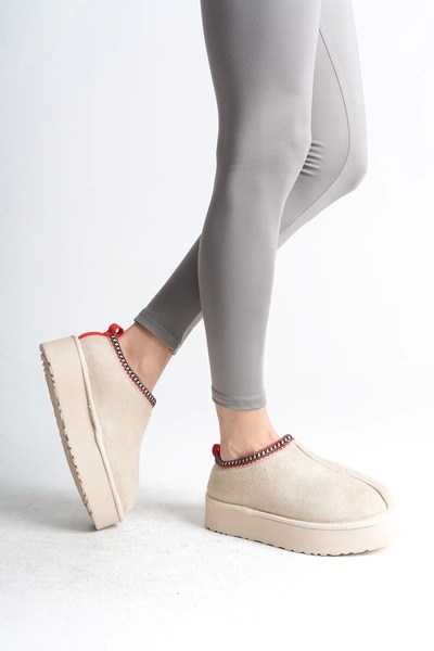 Joy Ayakkabı LEILA Γυναικείες μπότες χωρίς κορδόνια με επίπεδη και χοντρή σόλα με γούνα στο εσωτερικό κοντό σουέτ CKT - Κρέμα