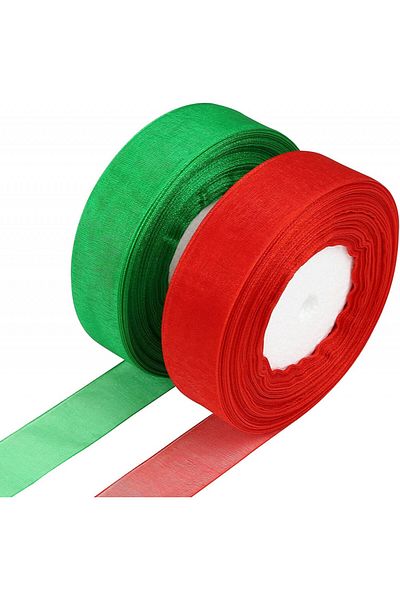 Kesote Set de 2 role de panglică Kesote, textilă, roșu/verde, 25 m x 2,5 cm