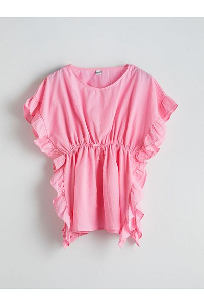 LC Waikiki Pink Crew Neck Ruffle Detailed Girl's Pareo