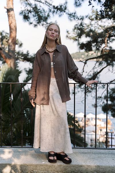 BOHEMAİ Garias Long Batik Patterned Beige Skirt with Pockets