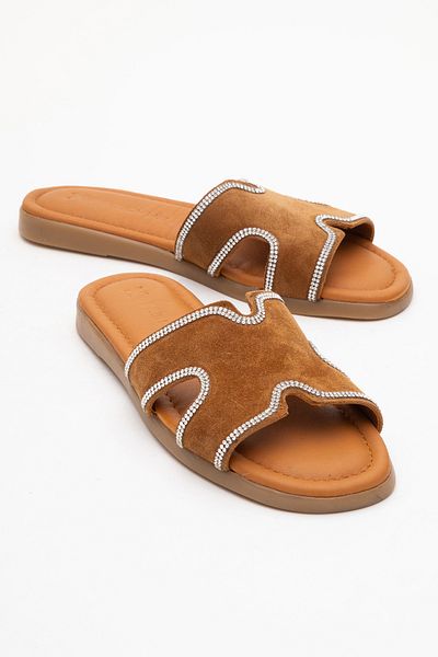Dericlub Dericlub Women's Stone Banded Slippers Real Suede Leather Zy 8126 Taba