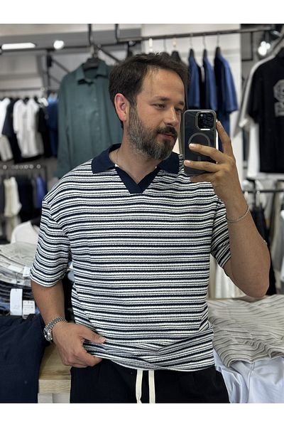 BYBASICMAN Navy Blue Striped V-Neck T-Shirt Yp-5077