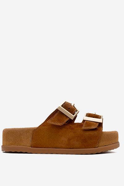 Dericlub Dericlub Women's Thick Sole Belted Slippers Real Suede Leather Zy 8145 Taba