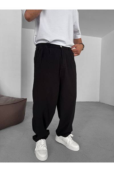 BYBASICMAN Black Button Cotton Linen Baggy Trousers Es-16