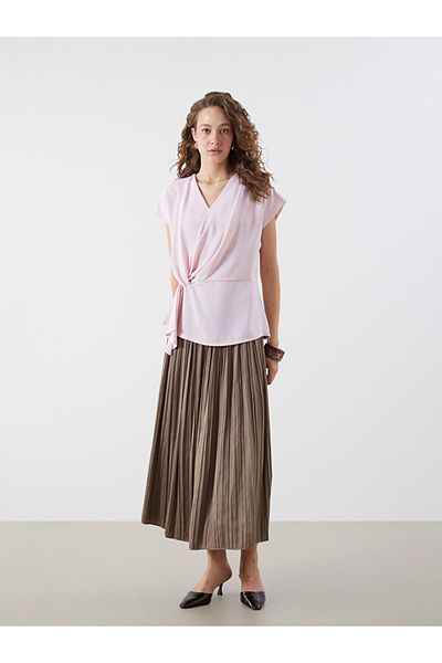 LC Waikiki Pink V-Neck Gathered Blouse