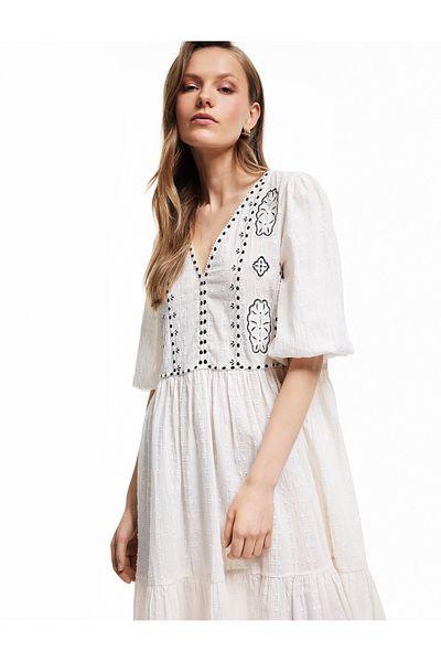Koton Cotton Unlined Ethnic Pattern 3/4 Balloon Sleeve V Neck Long Dress