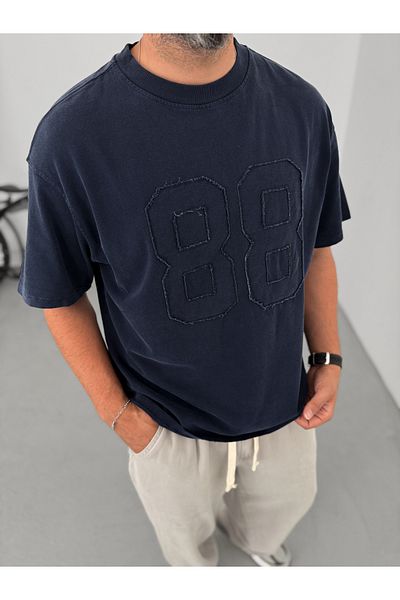 BYBASICMAN Navy Blue 88 Patched Washable T-Shirt C-1771