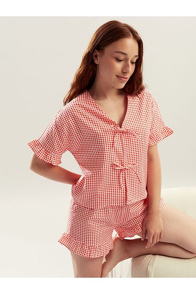 LC Waikiki Red Petite V Neck Plaid Women's Pajama Set with Shorts
