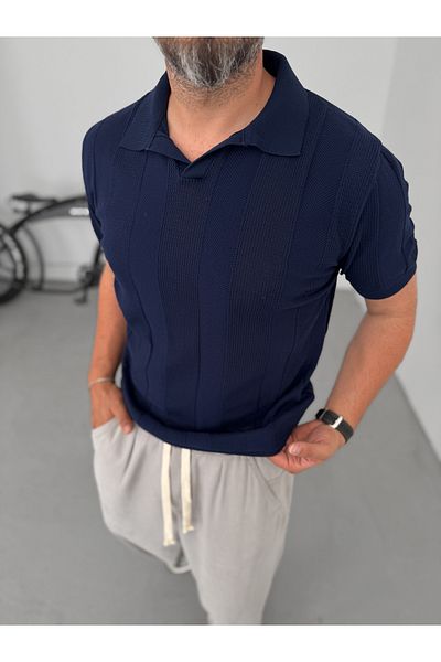 BYBASICMAN Navy Blue Thick Striped Polo Neck Knitwear T-Shirt Yp-5003