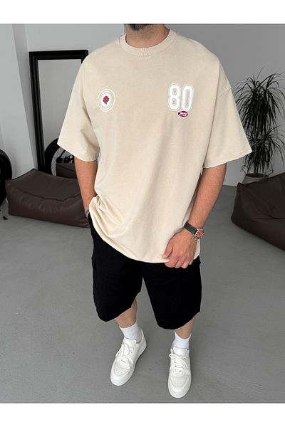 BYBASICMAN Beige 80 Printed Washable Oversize T-Shirt Jj-191