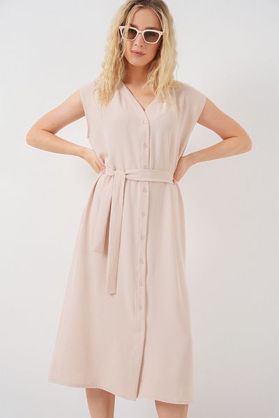 Bigdart Women's Zero Sleeve Belted Ayrobin Dress 2568 - Cream