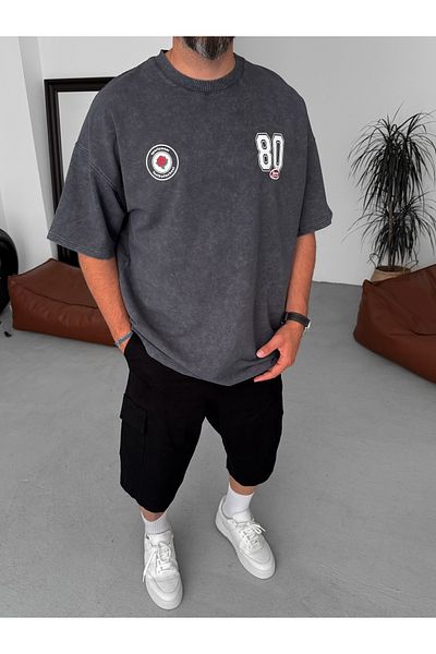BYBASICMAN Anthracite 80 Printed Washed Oversize T-Shirt Jj-191