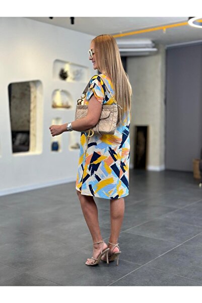 LOS FECHKA Women's Polo Collar Brush Patterned Sleeve Drawstring Detailed Linen Blue Dress