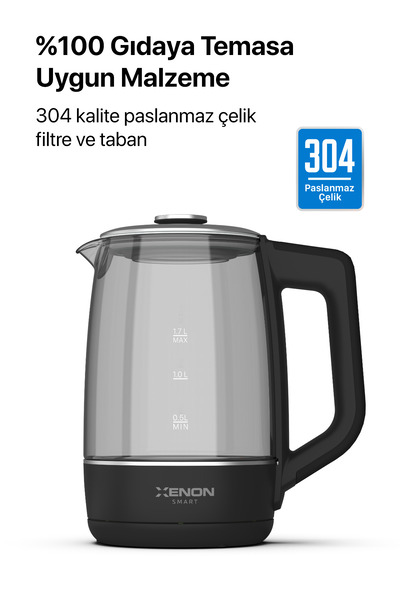 Xenon Smart Smart Glass Kettle 1.7 Lt Wi-Fi 2200 W App Control Voice Assistant Support Glass Water Heater Black X7103