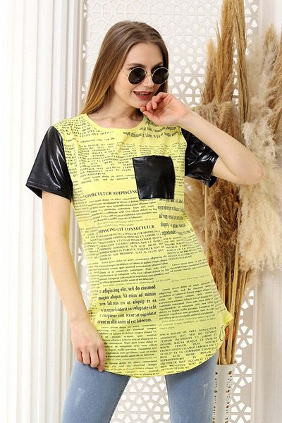 WildFashion Tricou casual cu print ziar si accesorizat cu vinil P769-191