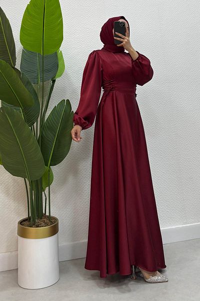 Abiye Diyarı Satin Evening Dress with Side Drawstrings-Burgundy