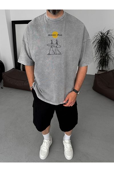 BYBASICMAN Gray Washed Summer Printed Oversize T-Shirt Jj-271