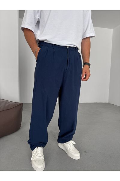 BYBASICMAN Navy Blue Buttoned Cotton Linen Baggy Trousers Es-16