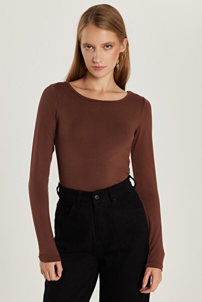 Tudors Γυναικεία Slim Fit Slim Fit μακρυμάνικη βισκόζη καφέ μπλούζα