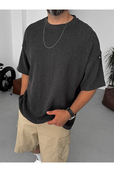 BYBASICMAN Black Crushed Textured Oversize T-Shirt Jj-235