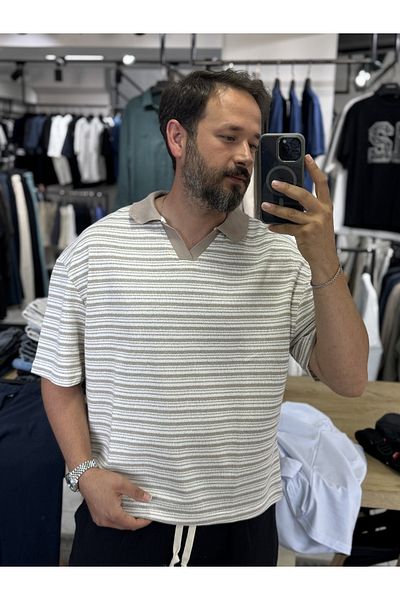 BYBASICMAN Beige Striped V-Neck T-Shirt Yp-5077