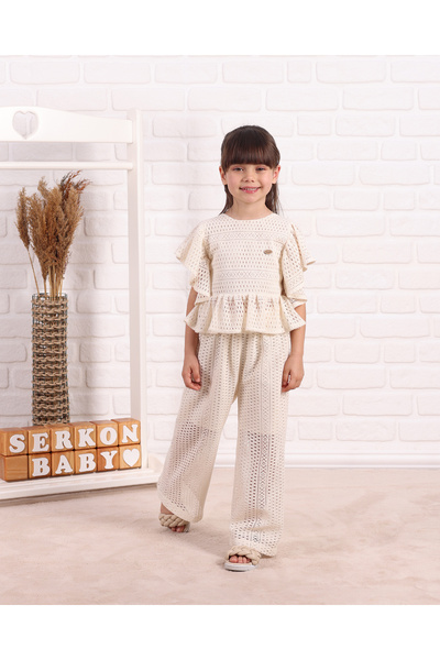 Serkon BABY Ruffle Detailed Wide Leg Semi-Lining Lace Girl Suit