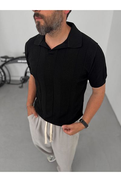 BYBASICMAN Black Thick Striped Polo Neck Knitwear T-Shirt Yp-5003