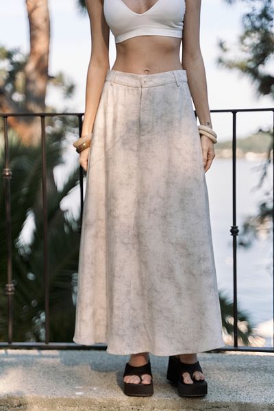 BOHEMAİ Garias Long Batik Patterned Beige Skirt with Pockets