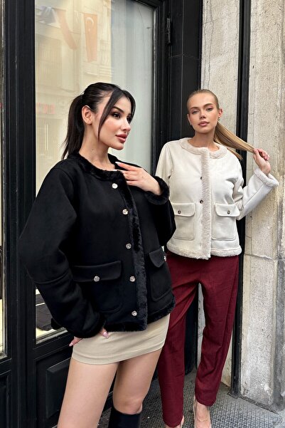moda armanc Kadın İçi Suni Kürklü Süet Ceket - Yumuşak Dokulu, Düğmeli