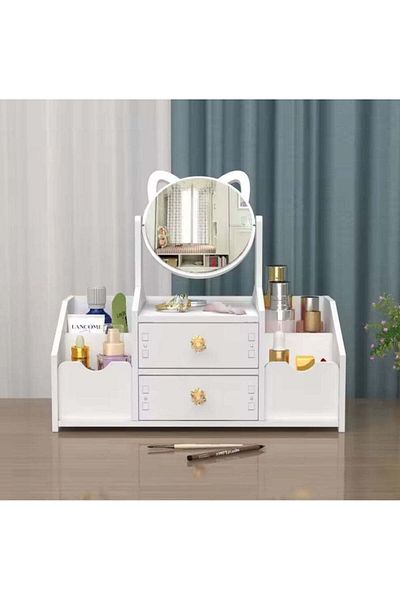 divendi-ro Cosmetic and jewelry organizer with mirror, 2 drawers and 4 compartments, plastic, white
