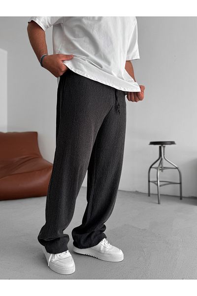 BYBASICMAN Black Crushed Textured Pipe Leg Trousers Jj-234