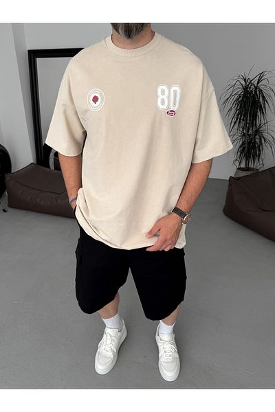BYBASICMAN Beige 80 Printed Washable Oversize T-Shirt Jj-191