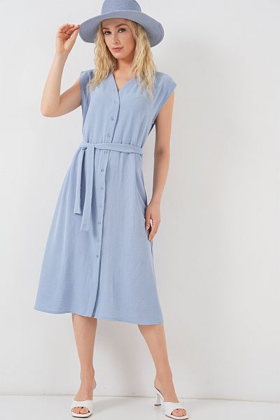 Bigdart Women's Zero Sleeve Belted Ayrobin Dress 2568 - Blue