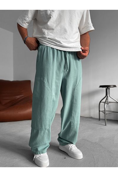 BYBASICMAN Turquoise Front Piece Detailed Baggy Pants Jj-95