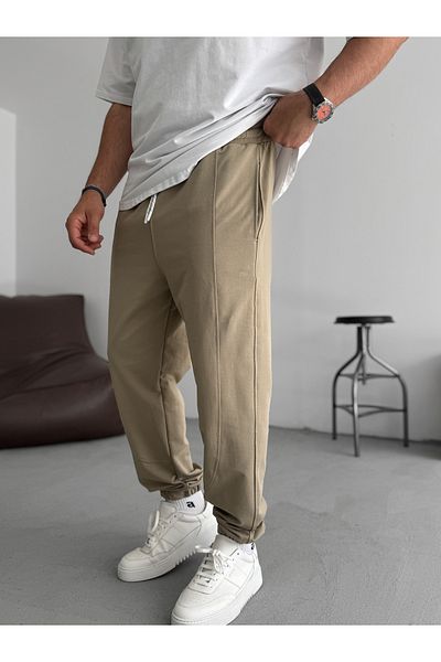 BYBASICMAN Light Khaki Stitching Detailed Elastic Tracksuit Ke-7019