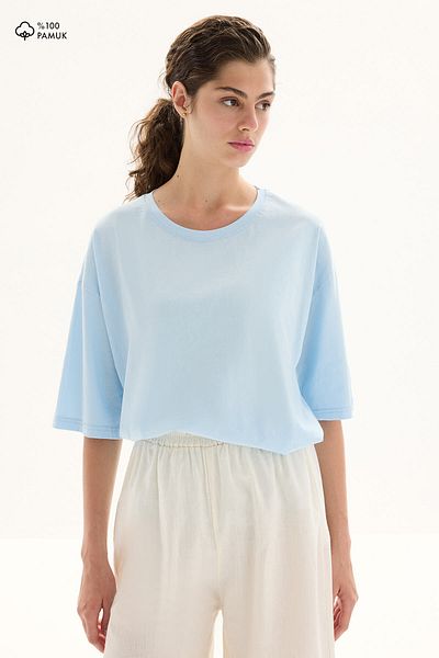 Hooopstore Tricou oversize din bumbac albastru cu maneca scurta