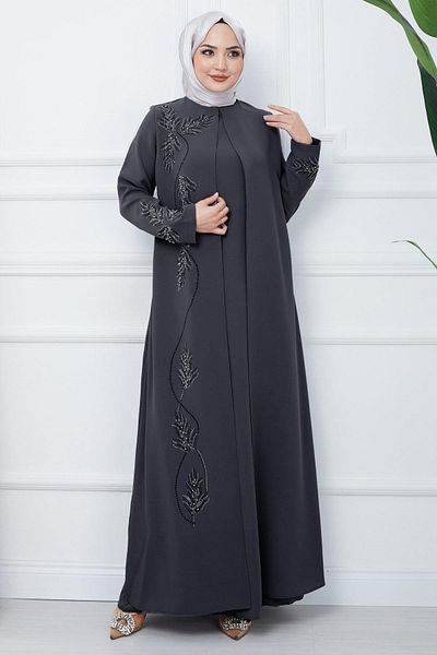 hafsamina Plus Size Leaf Stone Mother's Dress Smoked Hm2350