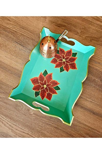 panda hediyelik Handmade Wooden Painting Tray - Red Flower Motif, Special Design for Decorative and Presentation