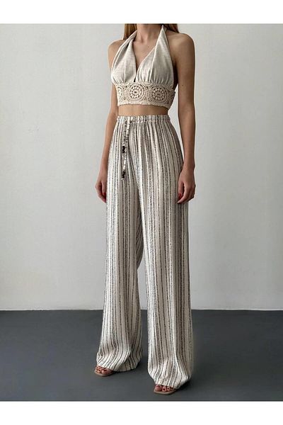 Coral Stitch Striped Trousers Natural