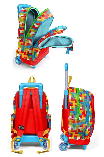 Coral High Boy with a Rickshaw Wheel, Red Building Blocks, Primary School Triple School Bag Set