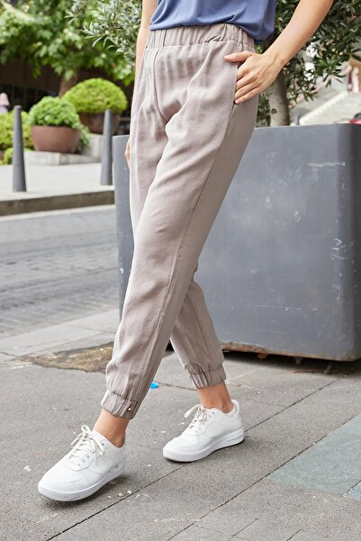 Jument Women's Silky Modal Fabric High Waist Side Pockets Leg and Elastic Waist Carrot Cut Pants-Smoke