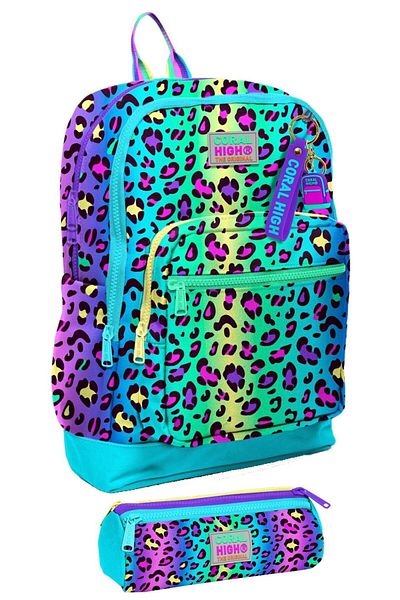 Coral High Set rucsac cu patru compartimente și suport pentru stilou pentru fete din școala primară - verde violet leopard