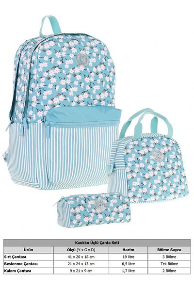KAUKKO Soft Floral Triple Girls School Bag Set - Turquoise - Floral and Stripe Pattern
