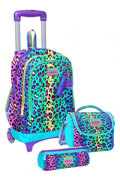 Coral High Fata cu roata de tirocari, leopard verde violet, set de genti pentru școală primară triplă