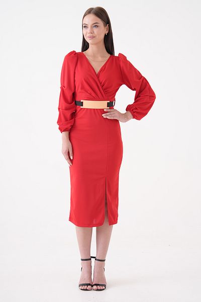vuvutasarım Women's Belt Gifted Crepe Fabric Slit Short Sleeve Midi Length Double Breasted Evening Dress 074